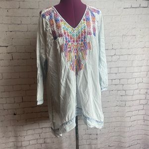 Soft Surroundings acid wash chambray tunic with colorful embroidery